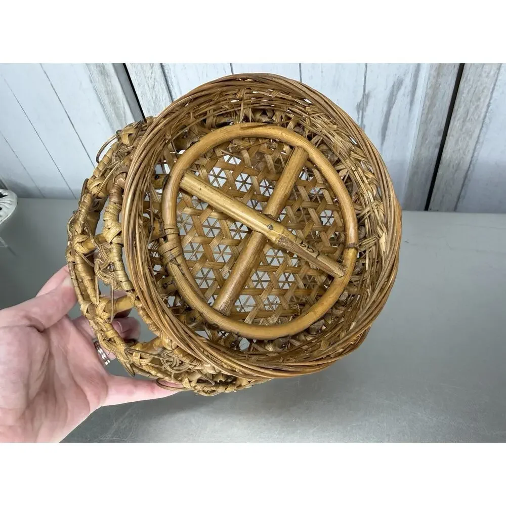 Vintage Basket Wicker Rattan Woven Floral Intricate Primitive Small